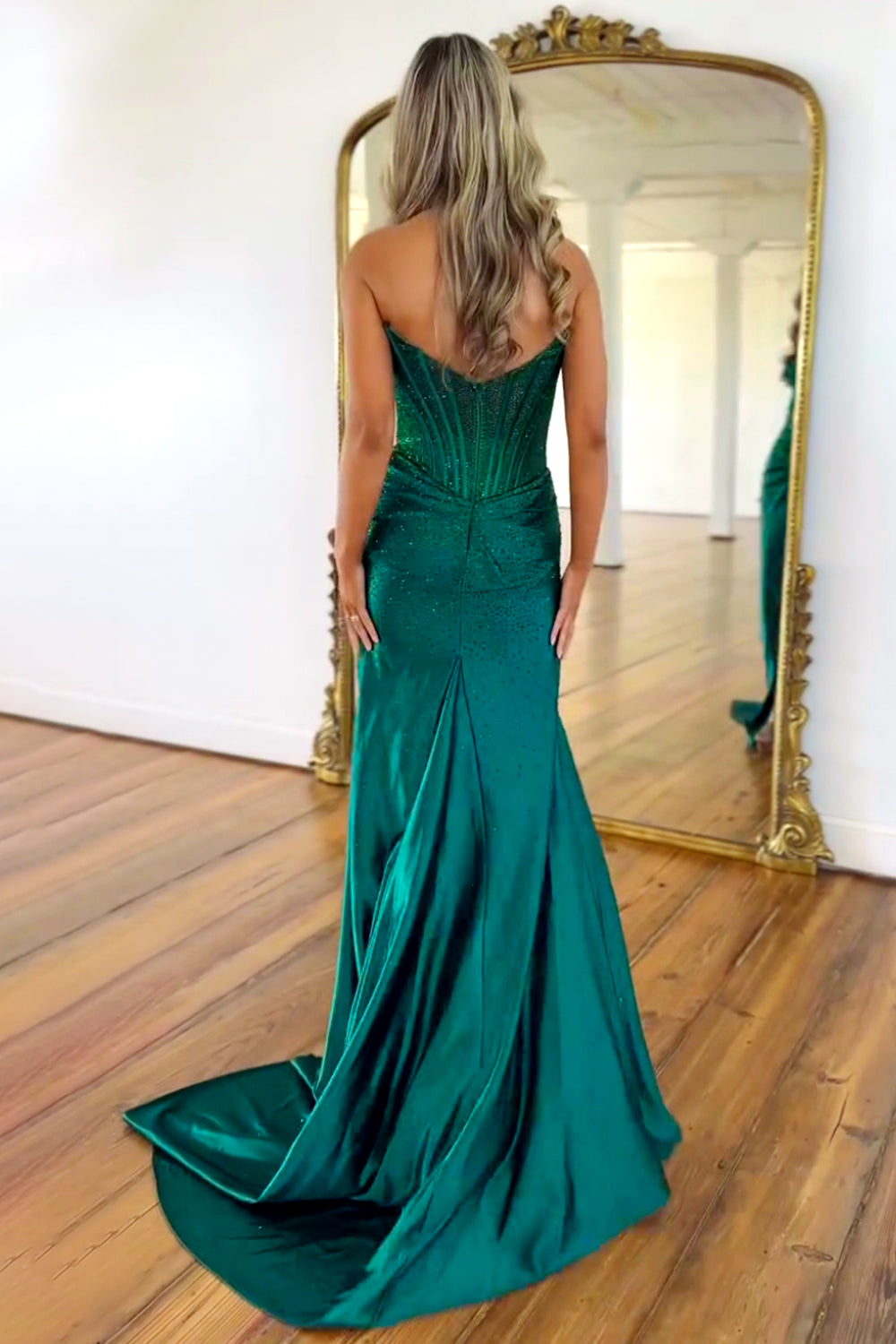 Gorgeous Gold Mermaid Strapless Long Beaded Prom Dress With High Slit - View 11 | VelvetHem