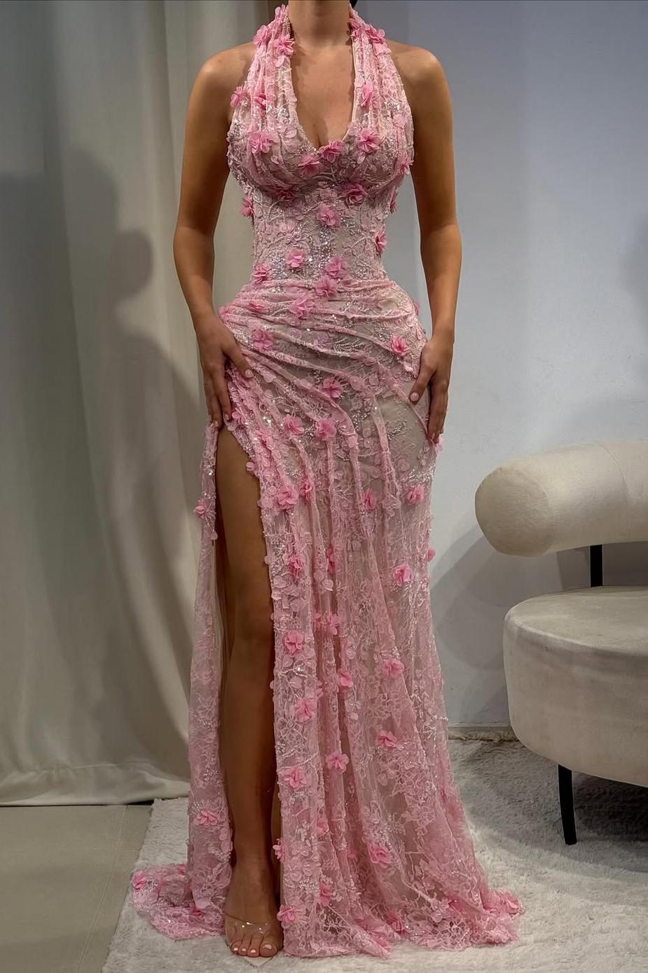 Luxurious Mermaid Halter Neck Green Long Prom Dress with Appliques Split Front