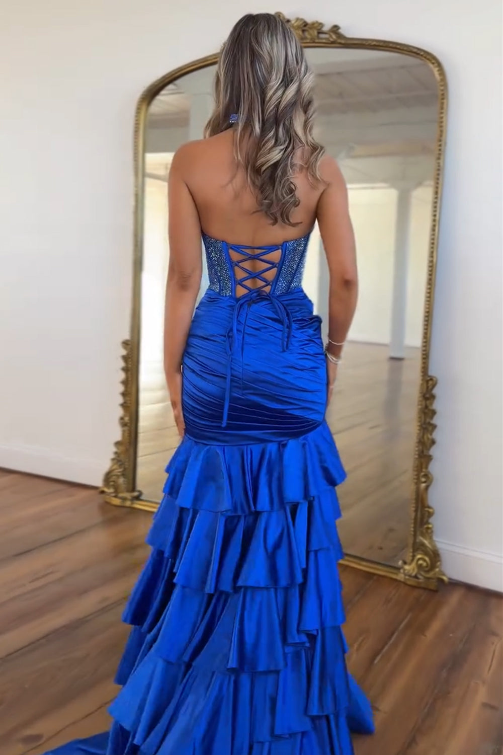 Gorgeous Mermaid Halter Neck Royal Blue Corset Prom Dress with Beading Ruffles