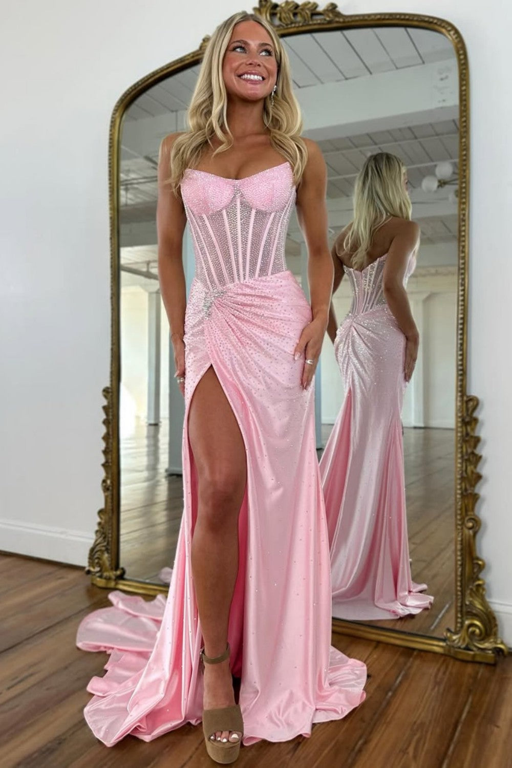 Gorgeous Gold Mermaid Strapless Long Beaded Prom Dress With High Slit - VelvetHem