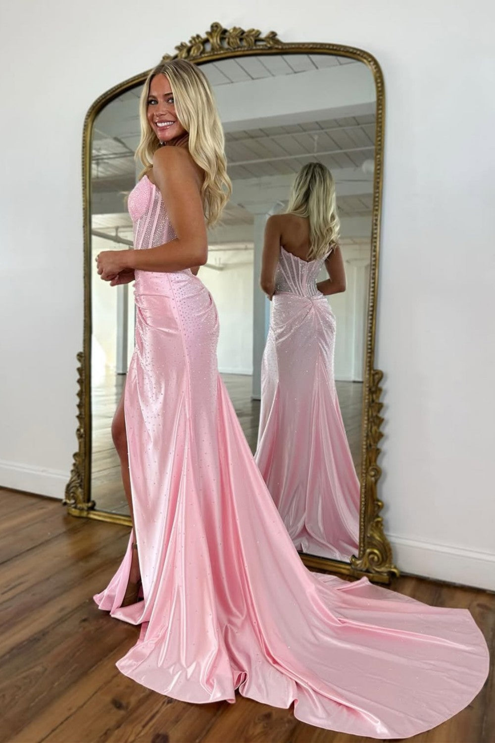 Gorgeous Gold Mermaid Strapless Long Beaded Prom Dress With High Slit - View 2 | VelvetHem