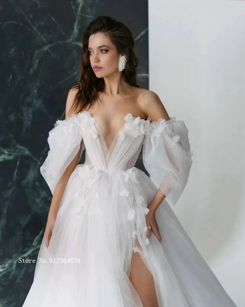Graceful Hot Sale 3D FlowerWedding Dresses with Detachable Sleeves Wedding Gowns Sweetheart Bridal Dresses Open Back Appliqued (ZD13493)
