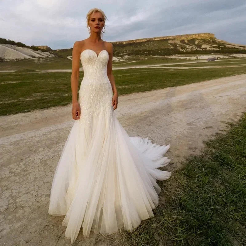 Graceful Sweetheart Wedding Dresses For Women Mermaid Strapless Beach Sequins Bridal Gown Sleeveless Court Train Robe De Mariée by payinti