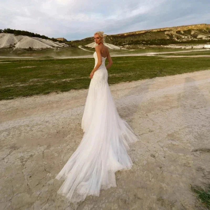 Graceful Sweetheart Wedding Dresses For Women Mermaid Strapless Beach Sequins Bridal Gown Sleeveless Court Train Robe De Mariée (ZD14249)