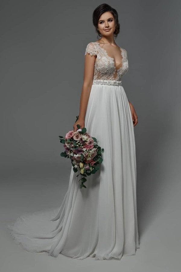Graceful White Chiffon Ruffles V Neck A-Line Beach Wedding Dresses With Lace