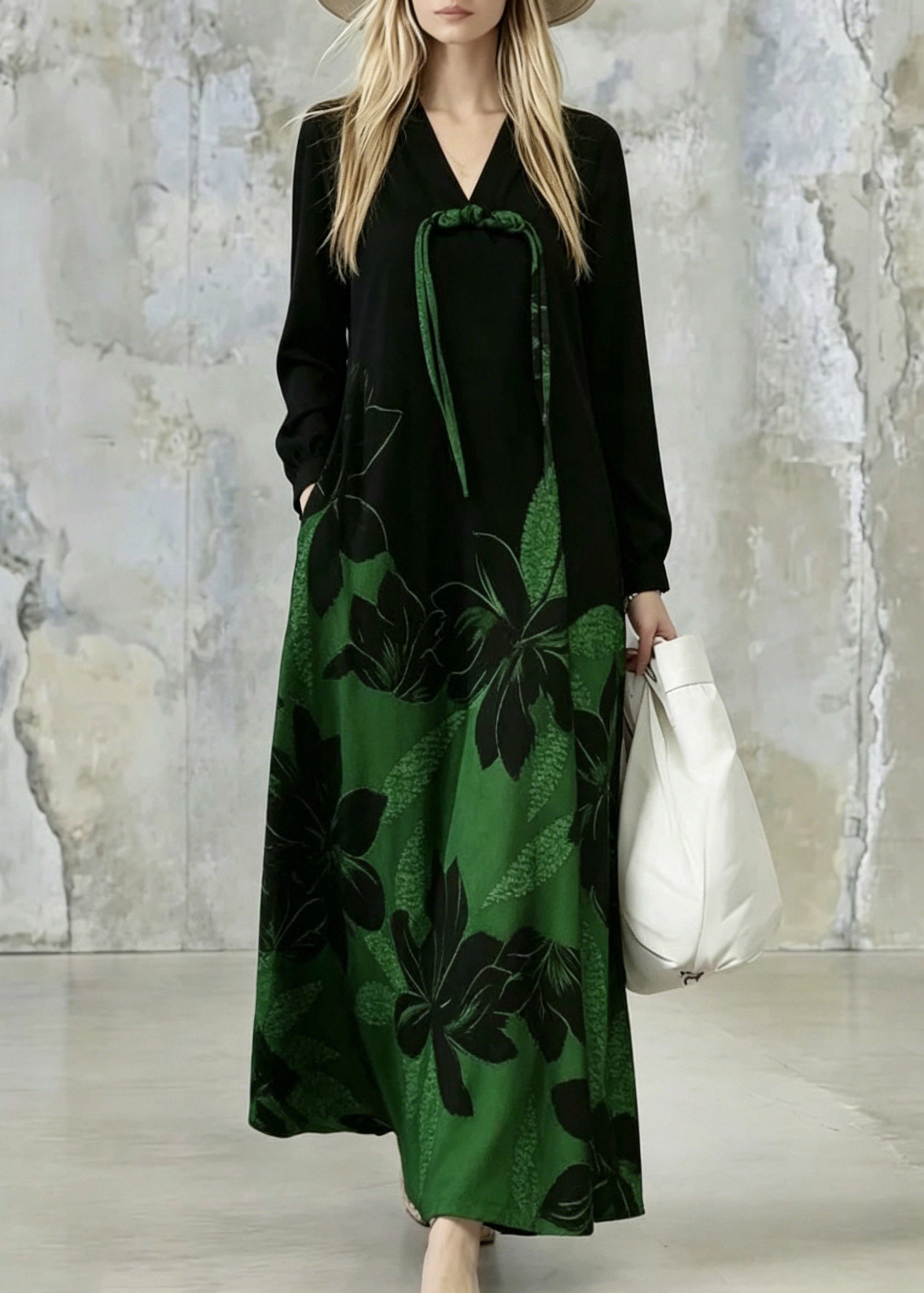 Gradient Color Green Print Pockets Tassel Maxi Dresses Fall