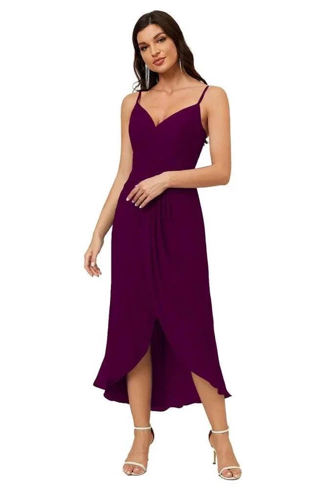 Numbersea Spaghetti Chiffon V Neck Bridesmaid Dress Mid-Length Slit Formal Prom Dress Homecoming Dress 2803 by numbersea
