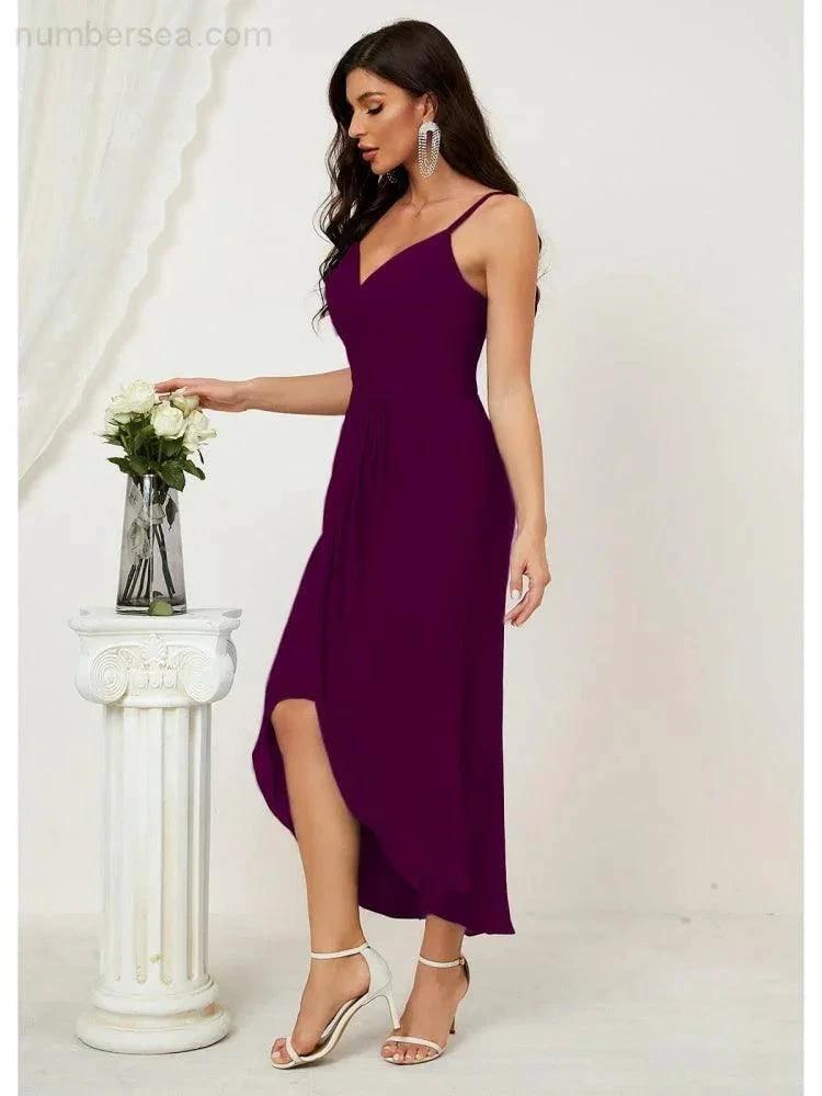 ZapDress Spaghetti Chiffon V Neck Bridesmaid Dress Mid-Length Slit Formal Prom Dress Homecoming Dress 2803 (ZD16952)