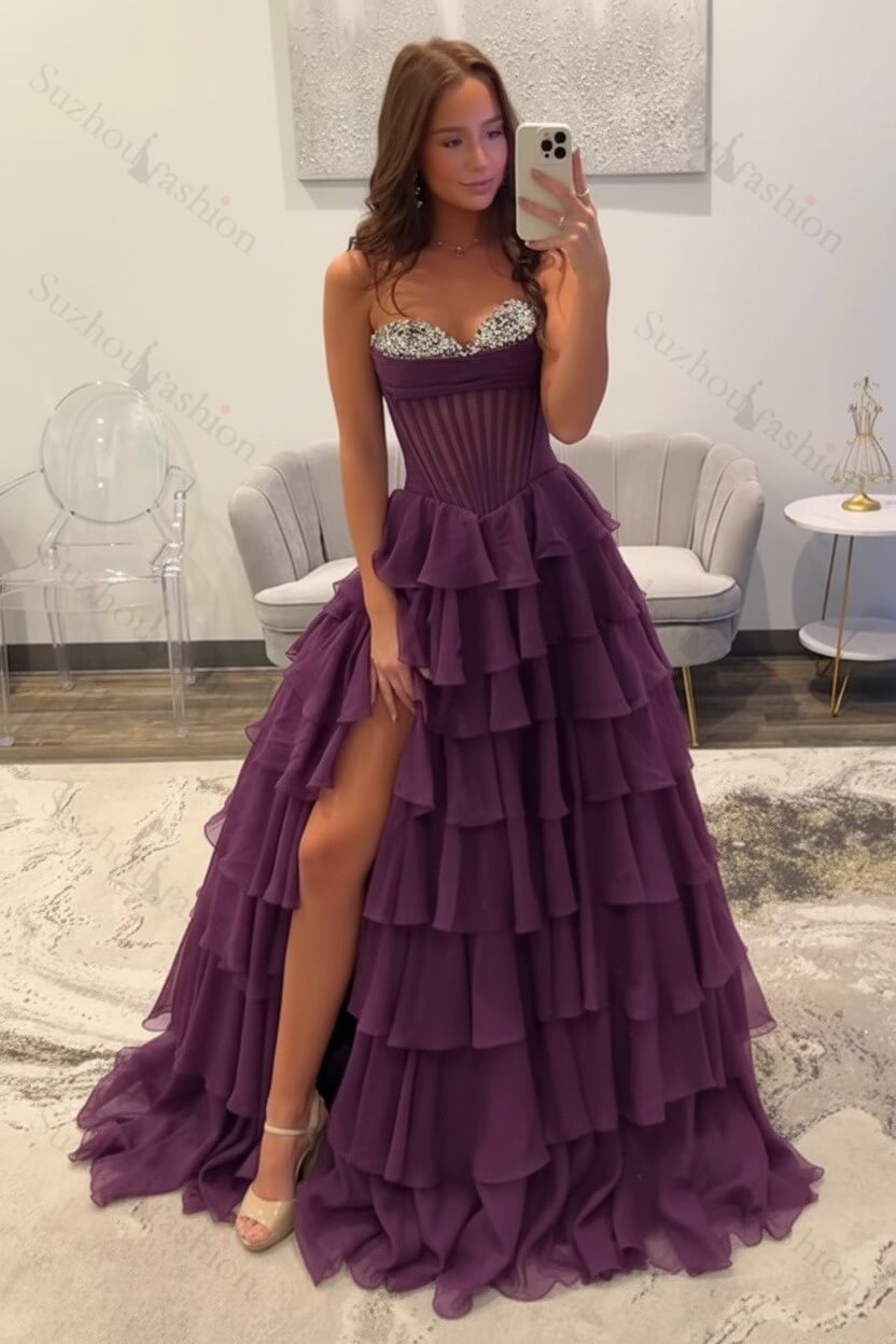 Ruffled Black Prom Dress A Line Corset Long Formal Dress With Beadings