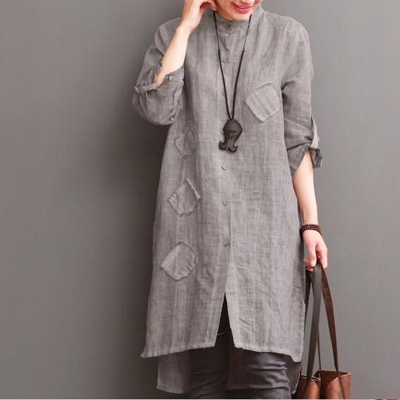 Gray cotton dress for summer pockets patchwork shirt sundress