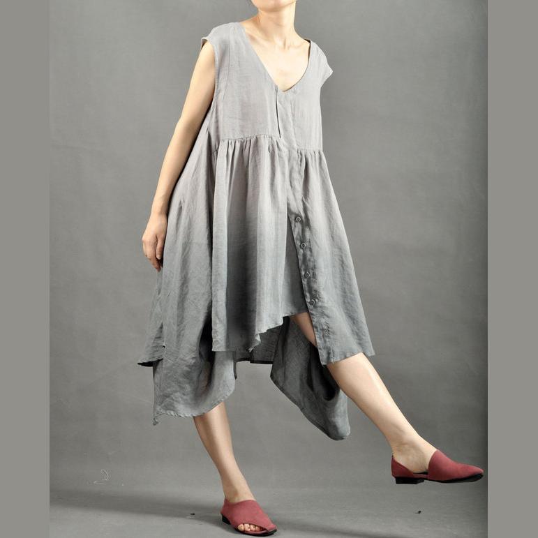 Gray loose fit flare summer dress linen dress