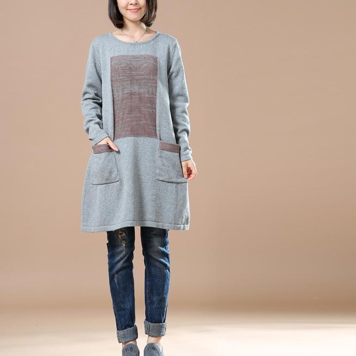 Gray sweaters long plus size knitted dress pockets patchwork