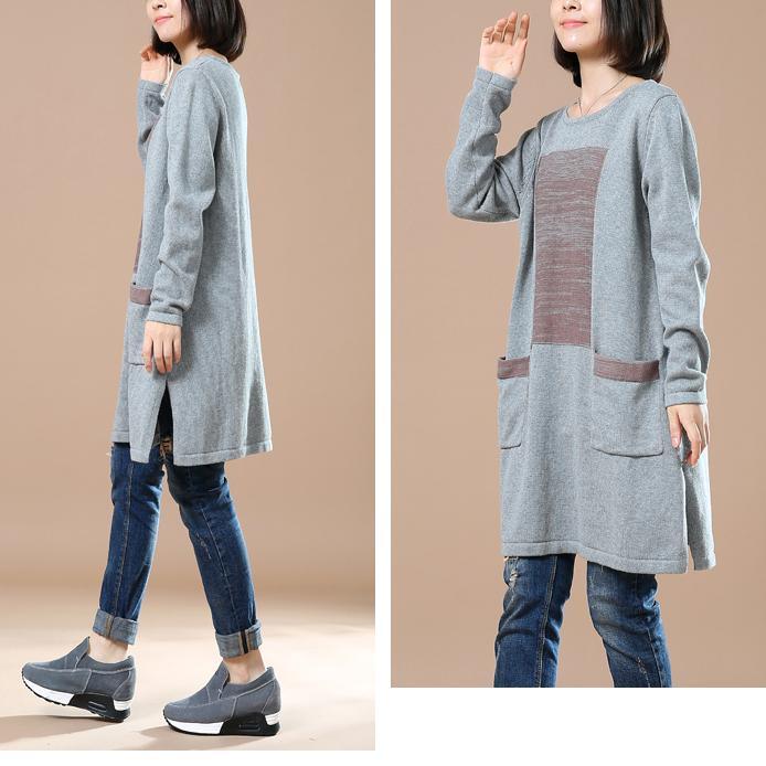 Gray sweaters long plus size knitted dress pockets patchwork