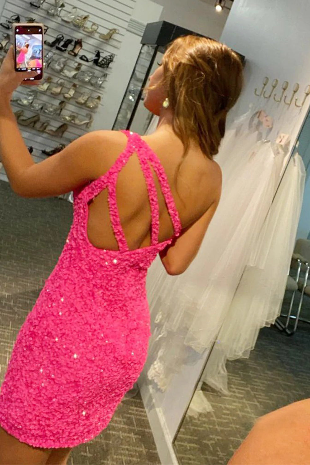 Hot Pink Homecoming Dresses Open Sequin One Shoulder Tight Prom Dress