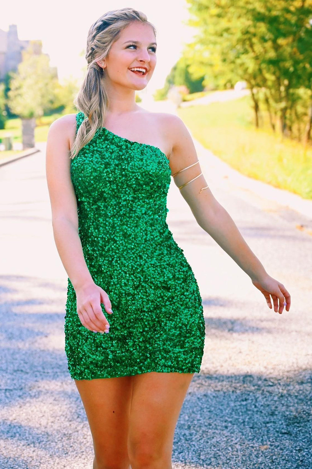 Hot Pink Homecoming Dresses Open Sequin One Shoulder Tight Prom Dress