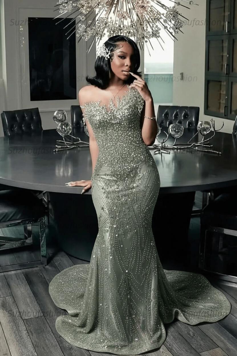 Green Mermaid Prom Dress Sleeveless Formal Evening Dress with Beadings and Rhinestones