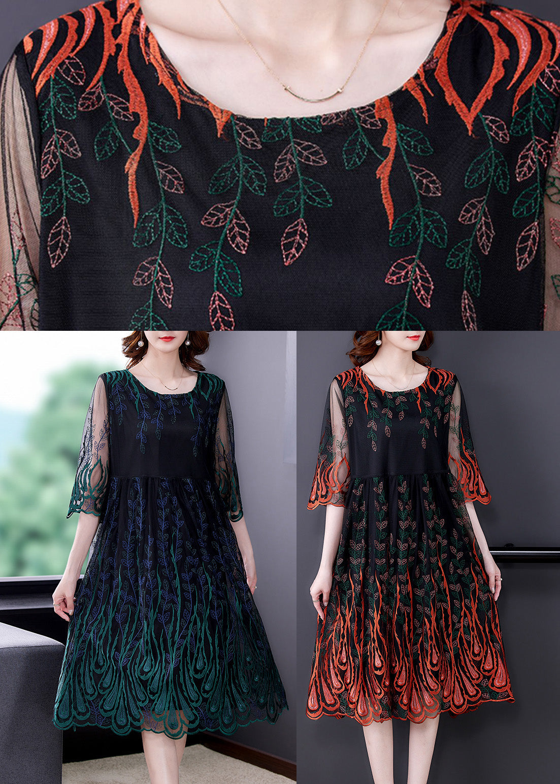 Green O-Neck Print Tulle Silk Long Dress Half Sleeve
