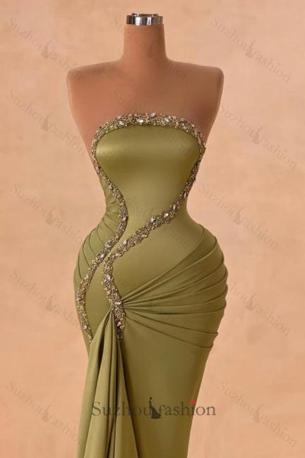 Green Prom Dress Mermaid Strapless Beaded Satin Panel Train Formal Dress