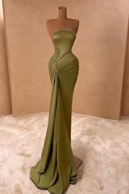 Green Prom Dress Mermaid Strapless Beaded Satin Panel Train Formal Dress