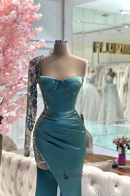 Green Prom Dress Mermaid Strapless One Shoulder Beaded Satin Slit Formal Dress