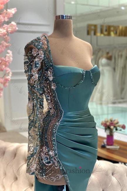 Green Prom Dress Mermaid Strapless One Shoulder Beaded Satin Slit Formal Dress