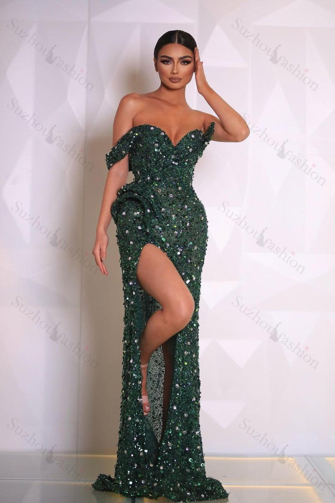 Green Prom Dress Off the Shoulder Sequined V Neck Evening Formal Dress With High Slit
