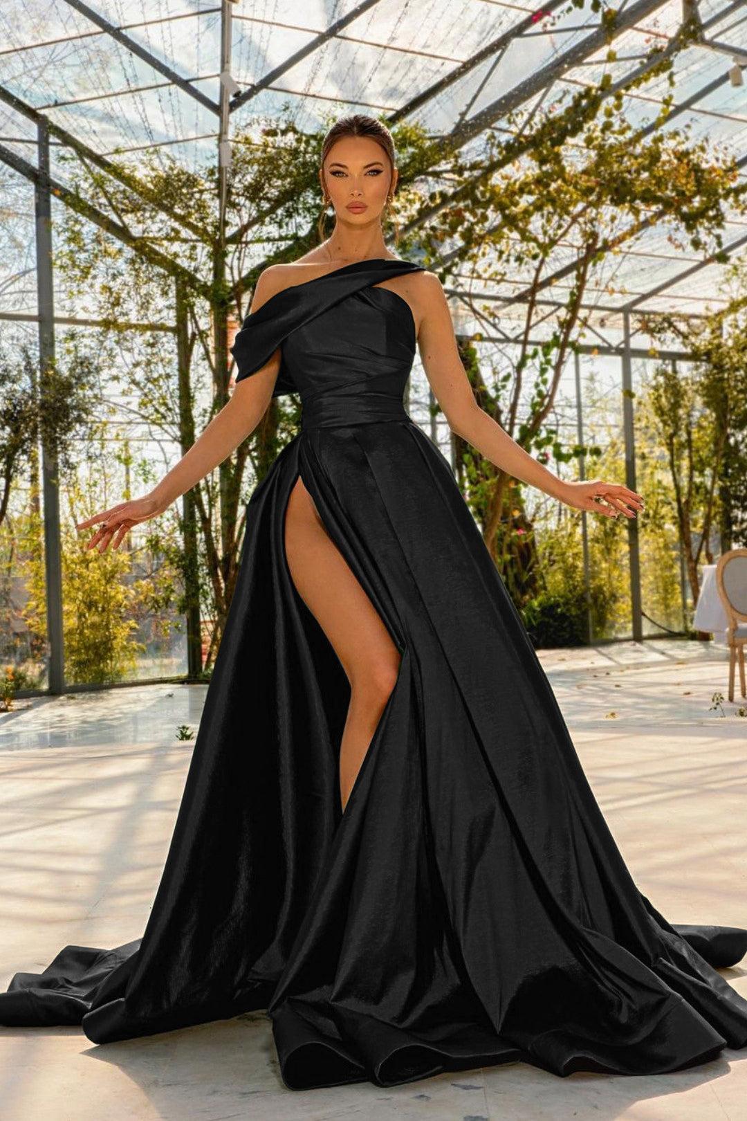 Green Prom Dress One Shoulder Satin Sleeveless Evening Formal Dress With High Split