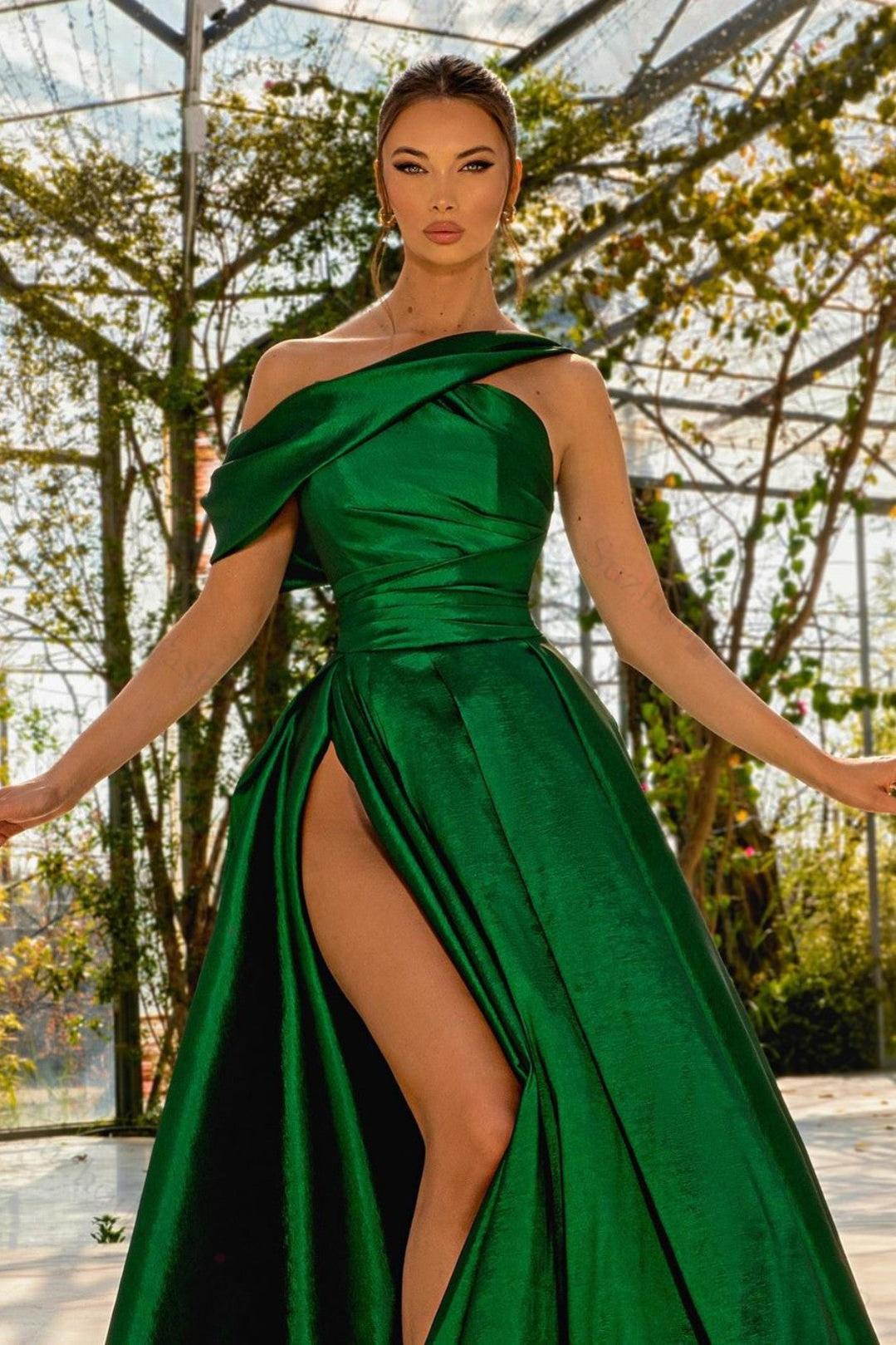 Green Prom Dress One Shoulder Satin Sleeveless Evening Formal Dress With High Split