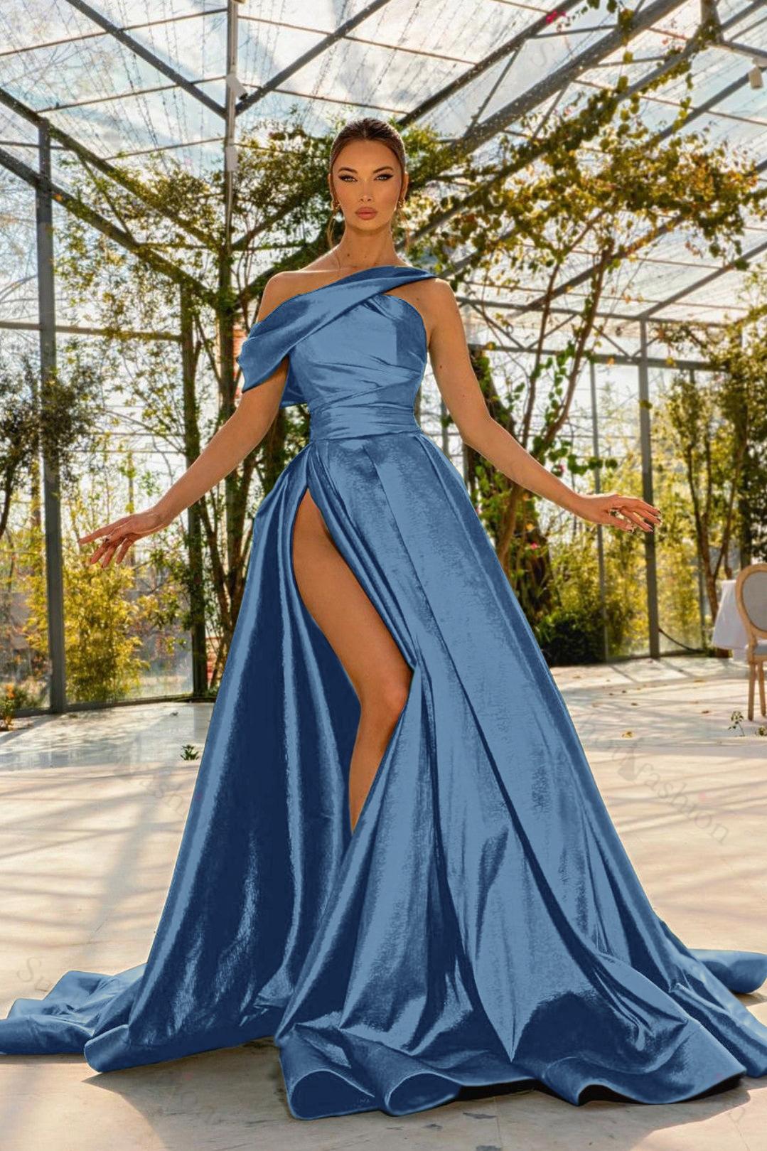 Green Prom Dress One Shoulder Satin Sleeveless Evening Formal Dress With High Split