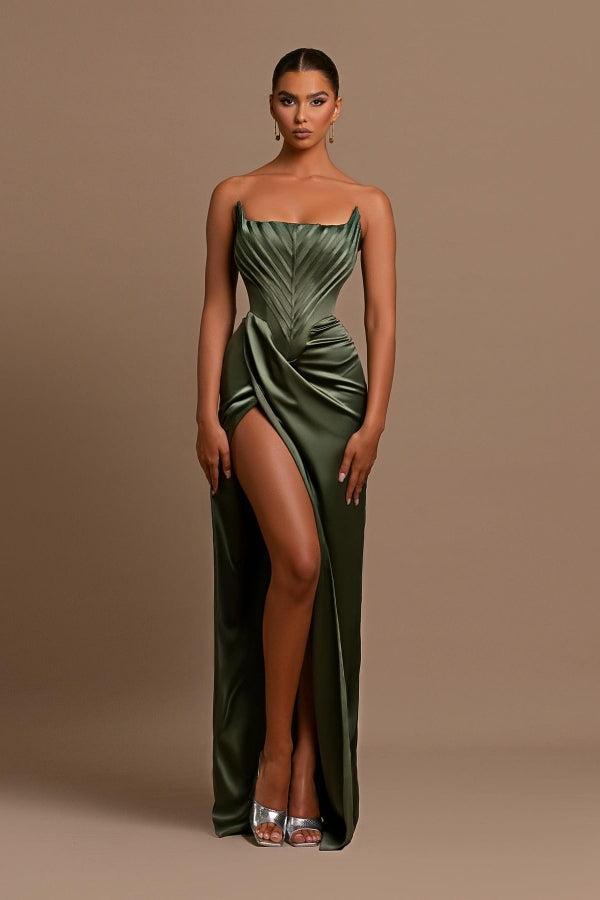 Green Prom Dress Sleeveless Strapless Mermaid Split Evening Formal Dress With Pleated