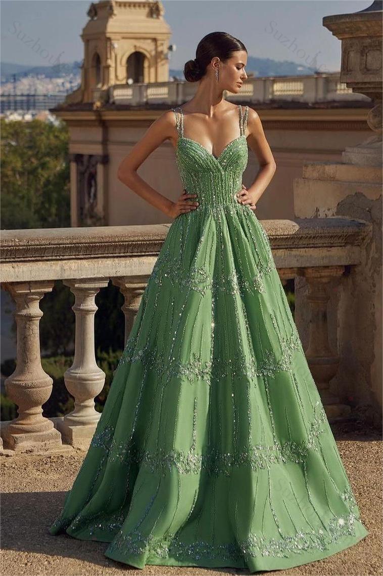 Green Prom Dress Spaghetti Strap Sweetheart Sleeveless Evening Formal Dress With Bead Embroidery