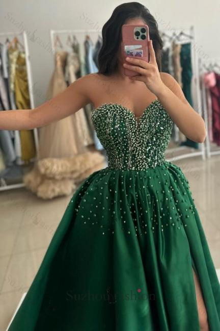 Green Prom Dress Sweetheart Beaded A Line Satin Slit Formal Dress