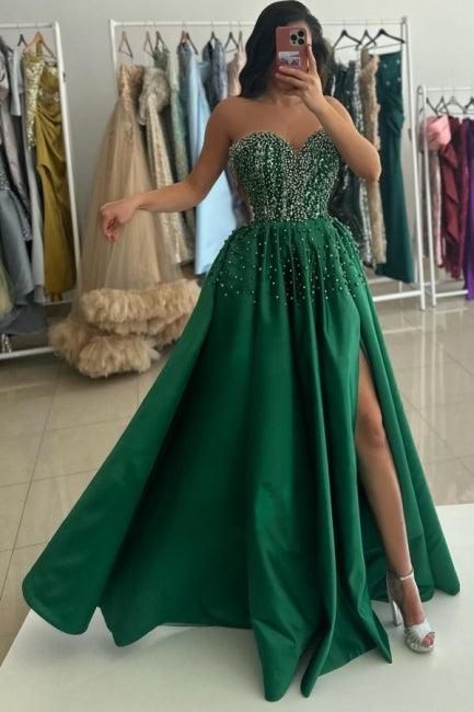 Green Prom Dress Sweetheart Beaded A Line Satin Slit Formal Dress