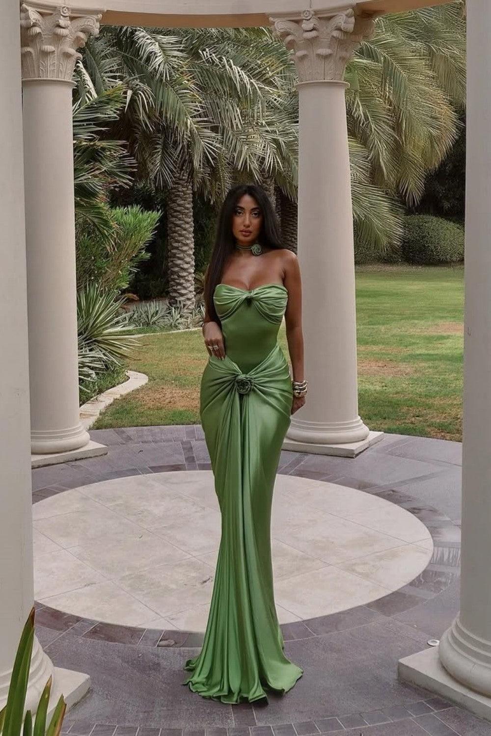 Suzhoufashion Green Ruched Bodice Mermaid Draped Maxi Prom Dress With Rosette Detail Formal Evening Gown