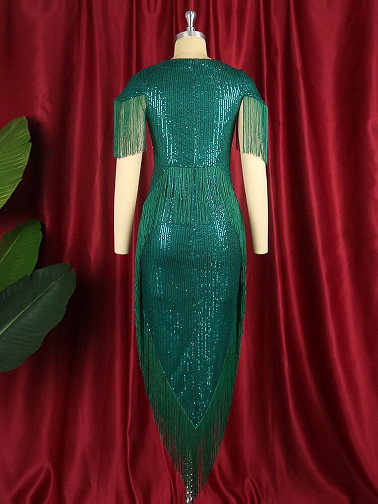 Green Tassel Irregular Length Sequins Retro Evening Cocktail Party Outfits