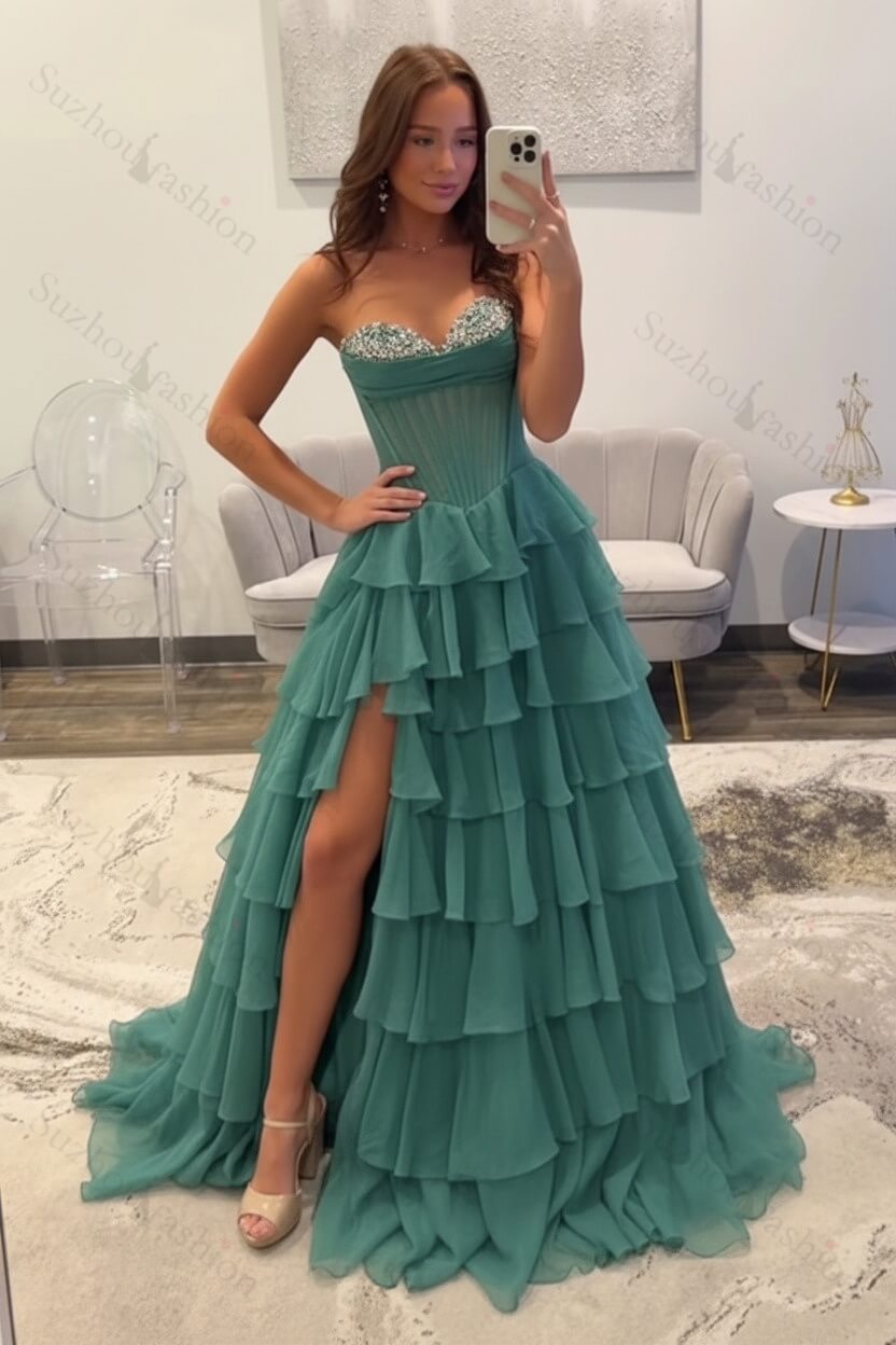 Ruffled Black Prom Dress A Line Corset Long Formal Dress With Beadings