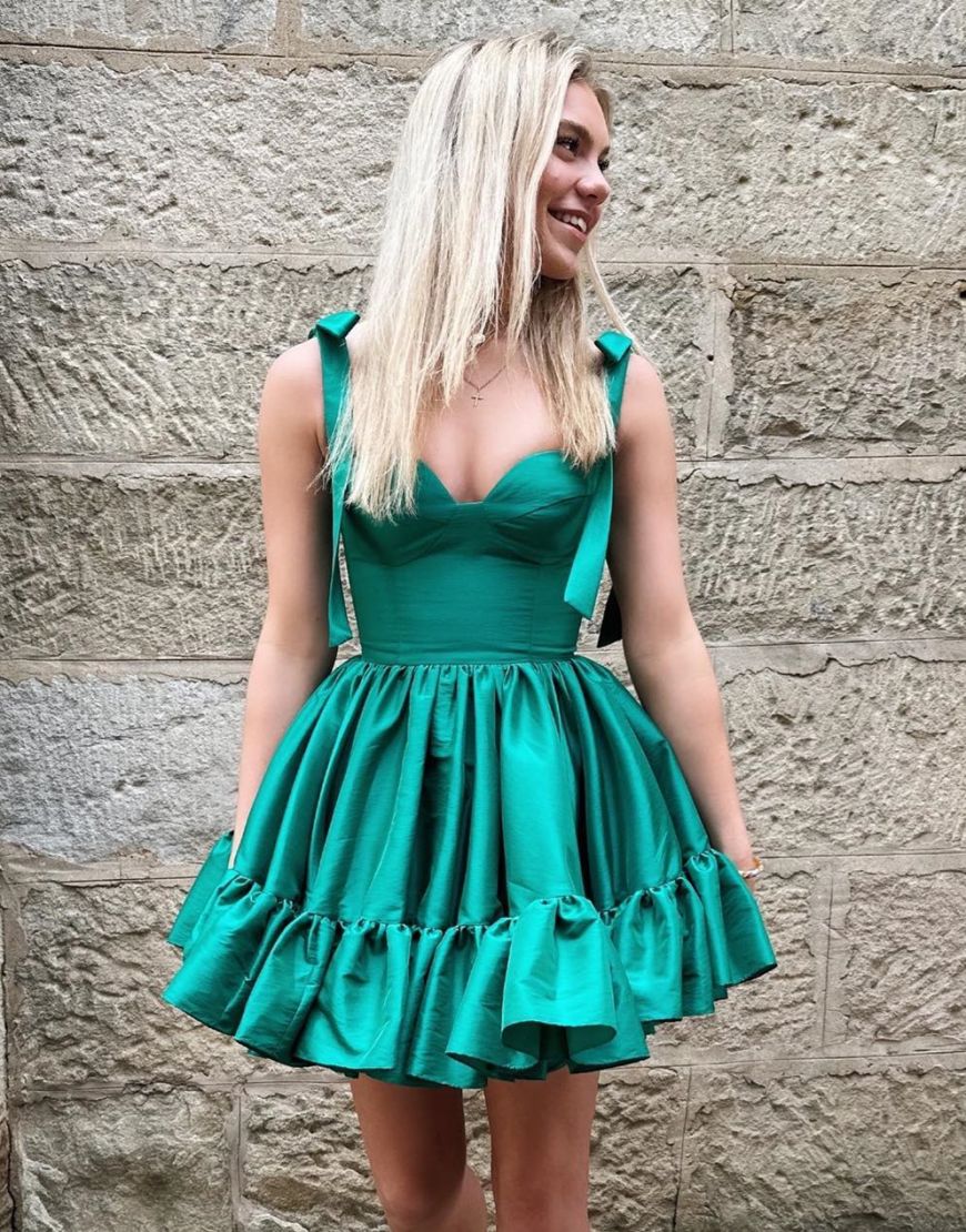Green A-Line Tie Straps Short Satin Homecoming Dress - View 3 | VelvetHem