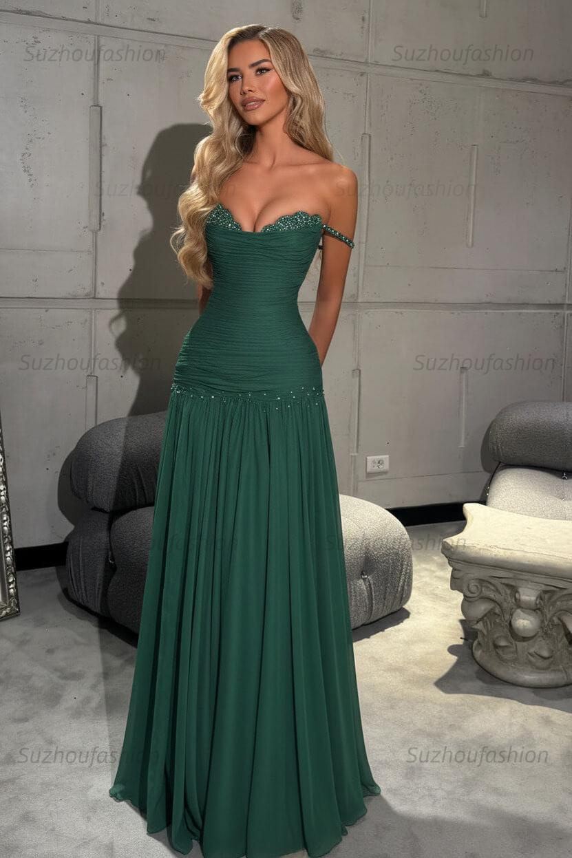 Off The Shoulder Prom Dress Sleeveless Pleated A Line Formal Evening Gown