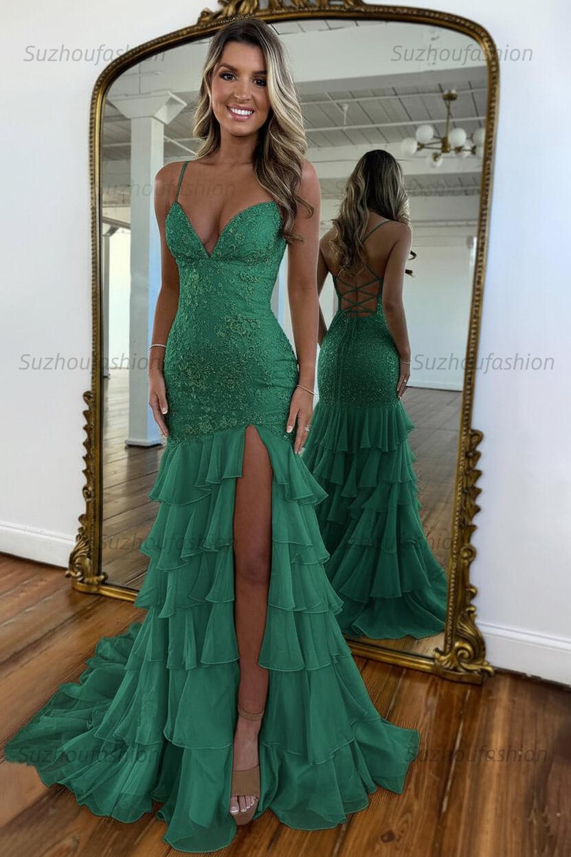 Suzhoufashion Mermaid Spaghetti Straps Lace Up Long Prom Dress With Ruffle Skirt Formal Evening Gown