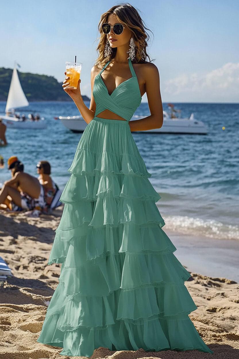 Halter Tiered White 2 Piece Ruffled Formal Dress