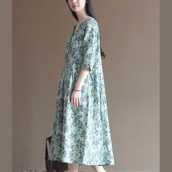 Green V neck floral cotton dresses elegant bracelet sleeve maxi dress