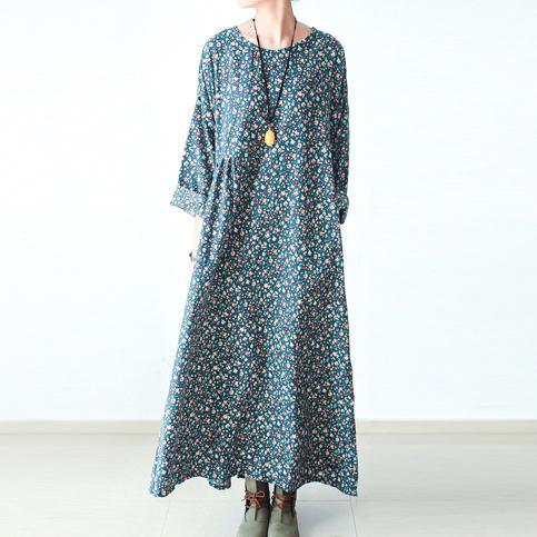 Green Floral Plus Size Cotton Dresses Long Sleeve Dresses Print Maxi Dresses