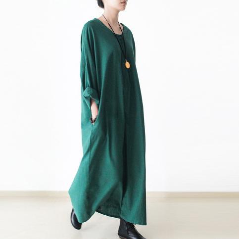 Green linen dresses long sleeves caftans cotton maxi dress