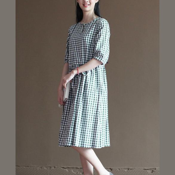 Green plaid sundress cotton summer fit flare dresses vintage style
