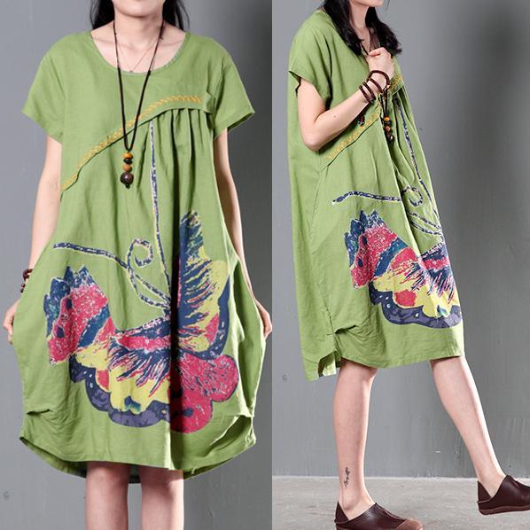 Green plus size sundress casual short sleeve summer shift dresses flying butterfly