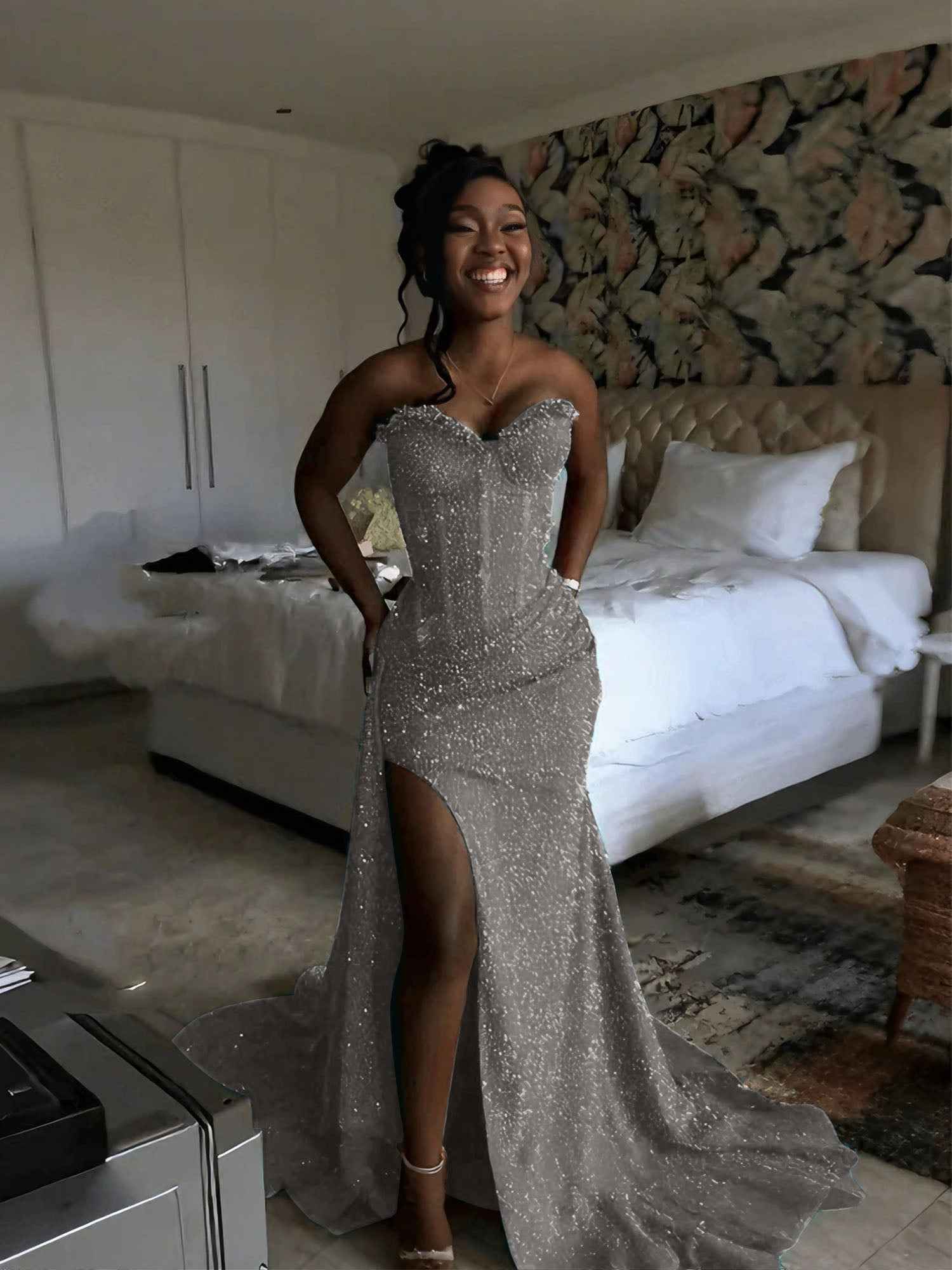 Glitter Strapless Mermaid Sequined Long Prom Dress with Slit (ZD17399)
