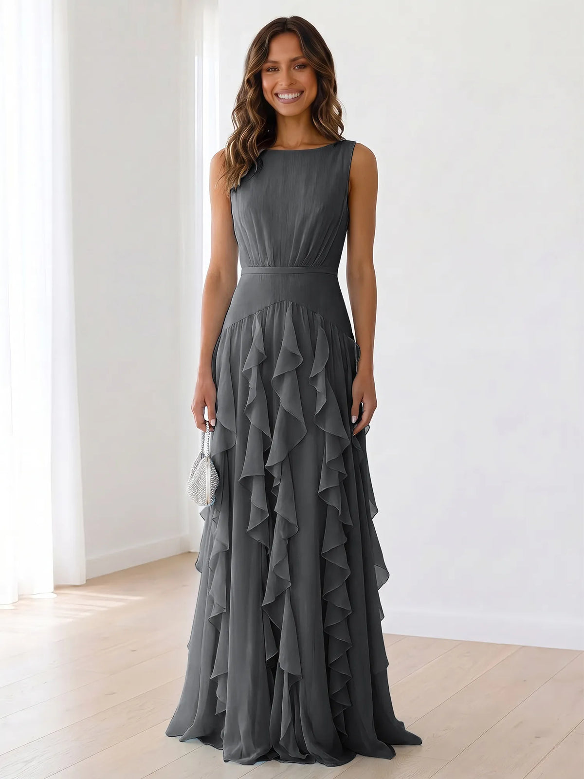 Sleeveless Tiered Chiffon Maxi Evening Gown with Ruched Bodice