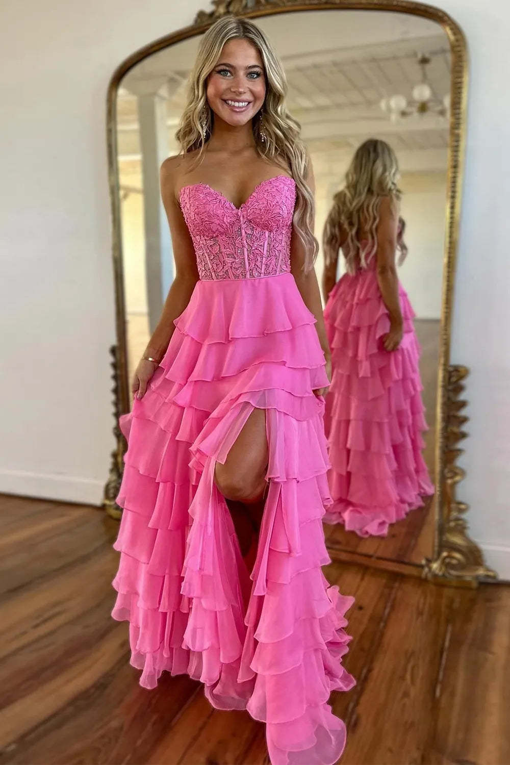 Pink Prom Dress A-Line Tiered Chiffon Long Formal Dress With Lace