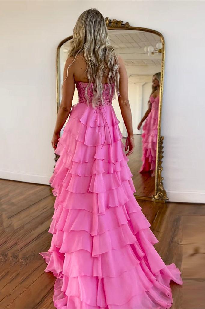 Pink Prom Dress A-Line Tiered Chiffon Long Formal Dress With Lace