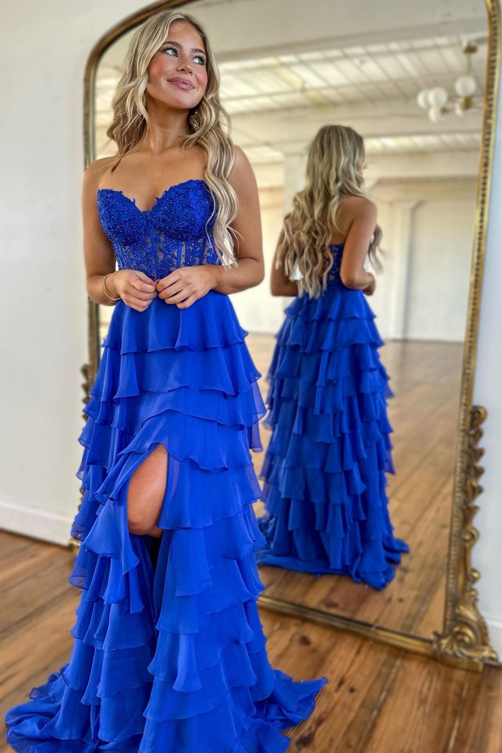 Pink Prom Dress A-Line Tiered Chiffon Long Formal Dress With Lace